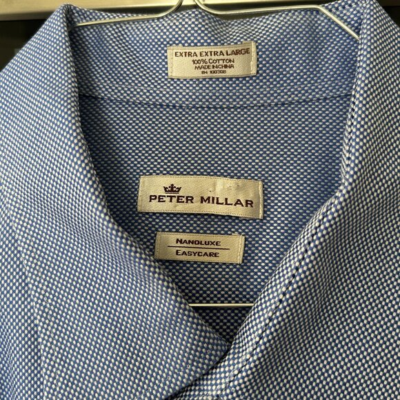 Peter Millar Nanoluxe Easy Care Long Sleeve Dress Shirt - Blue Patterned-XXL - Picture 2 of 12